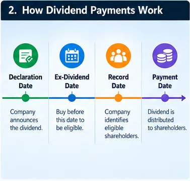 Illustrated timeline of dividend declaration, ex-dividend, record and payment dates.