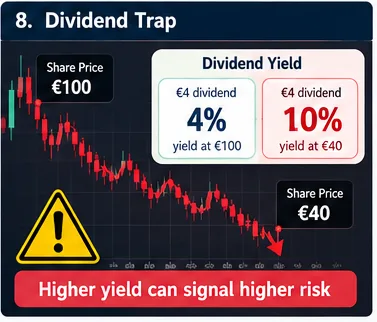 Illustration warning that a falling share price can cause dividend yield to rise.