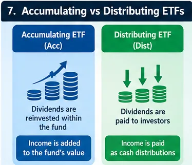 Comparison illustration of accumulating and distributing exchange-traded funds.